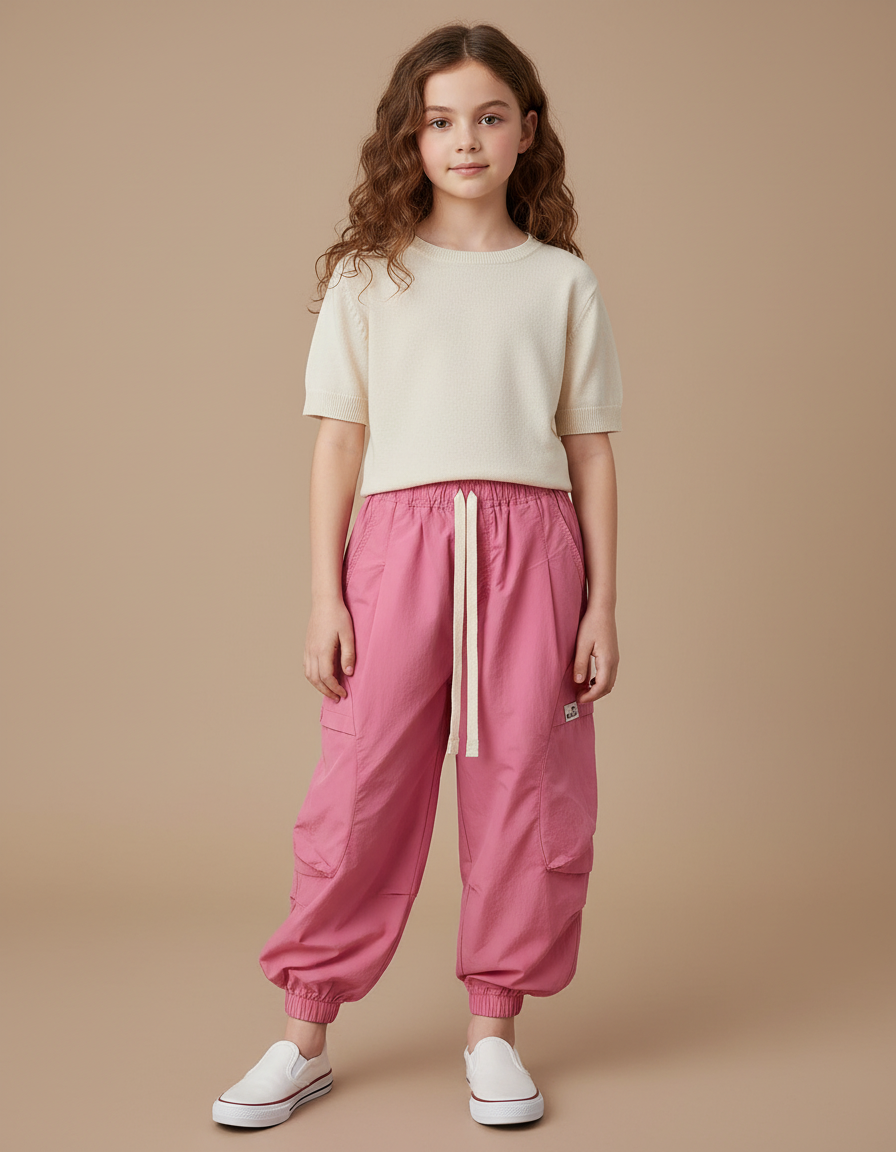 Pantalon Cargo Rose Ample Multipoches Enfant Fille - Polyester
