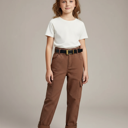 Pantalon Cargo Marron Rayé Ample Décontracté Enfant - Toile
