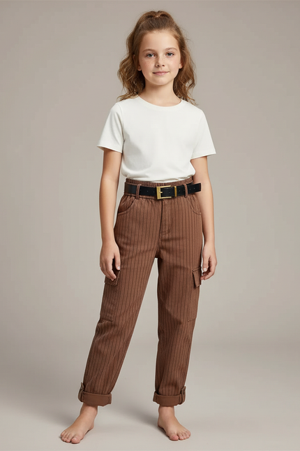 Pantalon Cargo Marron Rayé Ample Décontracté Enfant - Toile