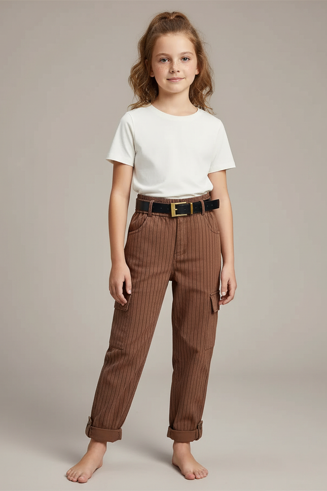 Pantalon Cargo Marron Rayé Ample Décontracté Enfant - Toile