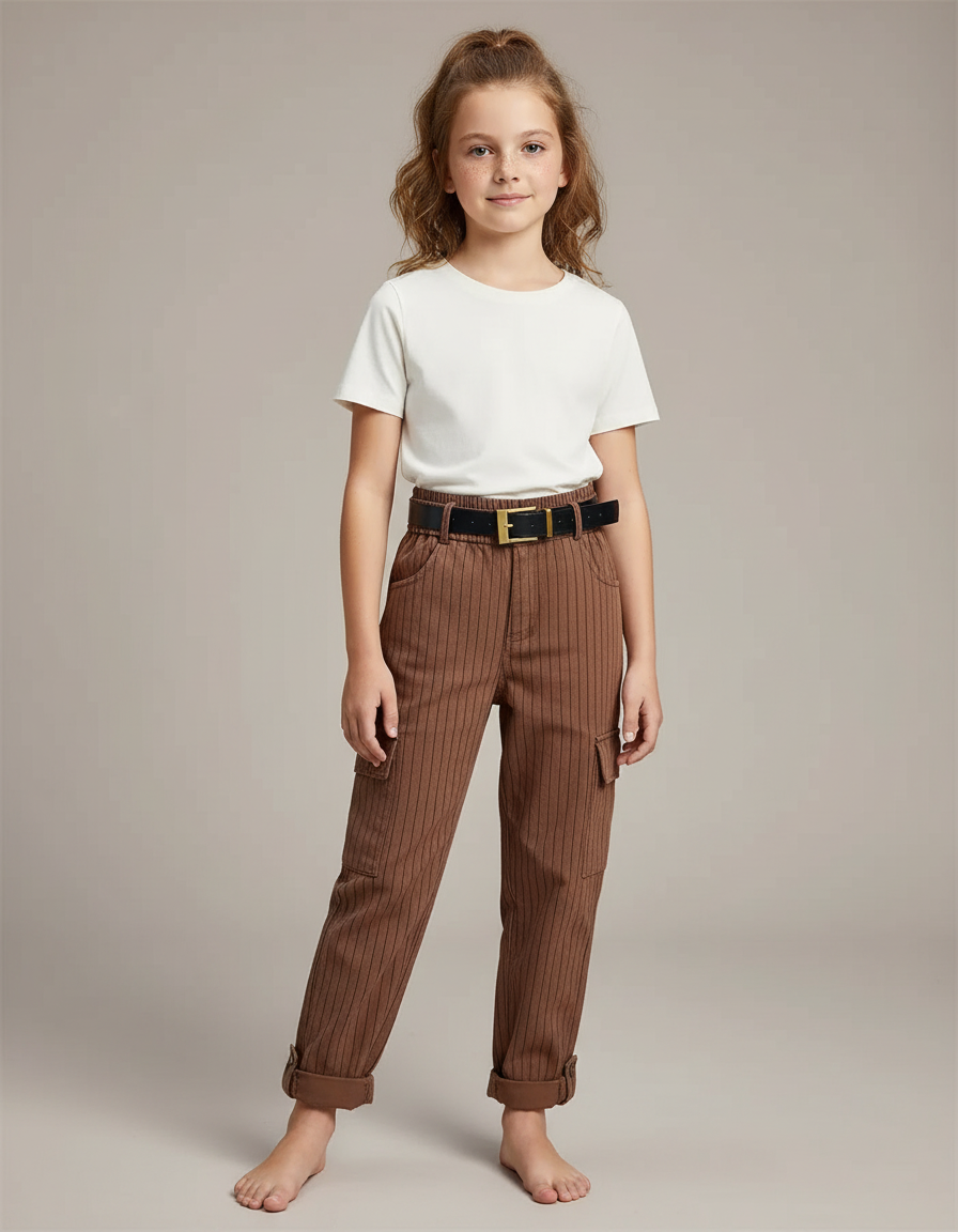 Pantalon Cargo Marron Rayé Ample Décontracté Enfant - Toile