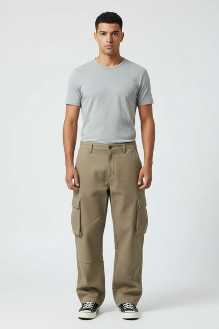 Pantalon Cargo Kaki Ample Coton Multipoches Homme - Toile