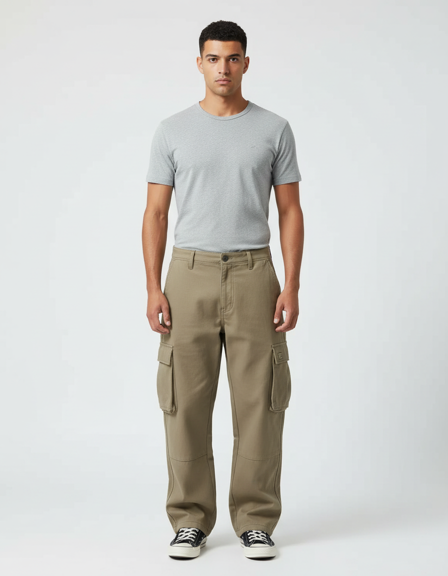 Pantalon Cargo Kaki Ample Coton Multipoches Homme - Toile