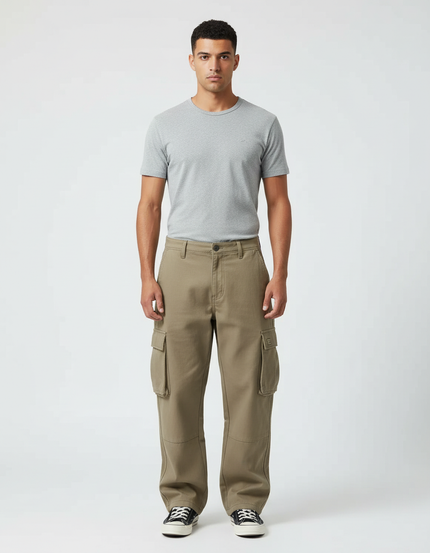 Pantalon Cargo Kaki Ample Coton Multipoches Homme - Toile