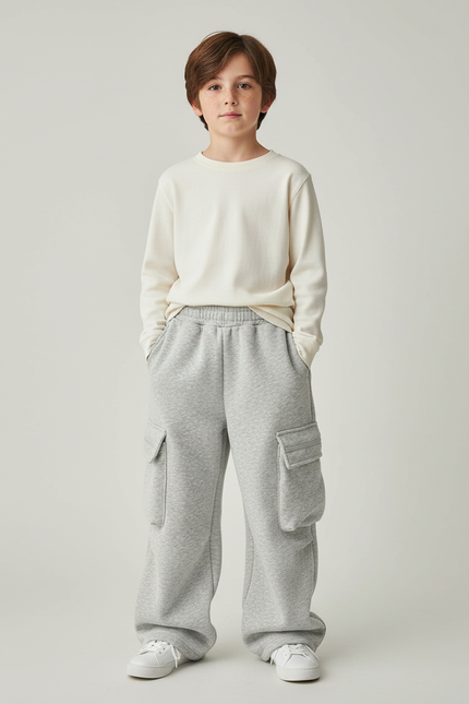 Pantalon Cargo Gris Ample Molletonné Enfant Décontracté Multipoches