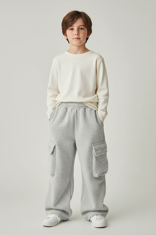 Pantalon Cargo Gris Ample Molletonné Enfant Décontracté Multipoches