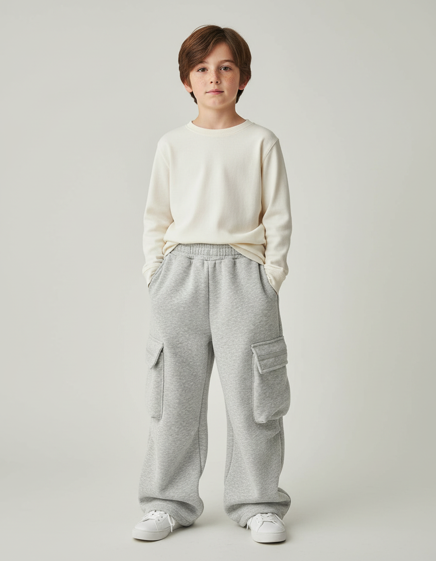 Pantalon Cargo Gris Ample Molletonné Enfant Décontracté Multipoches