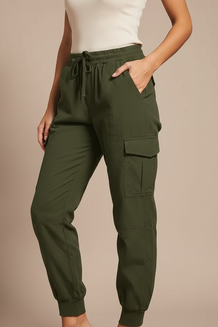 Pantalon Cargo Vert Militaire Fluide Cordon Élastique - Kaki Polyester