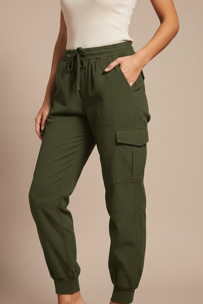 Pantalon Cargo Vert Militaire Fluide Cordon Élastique - Kaki Polyester
