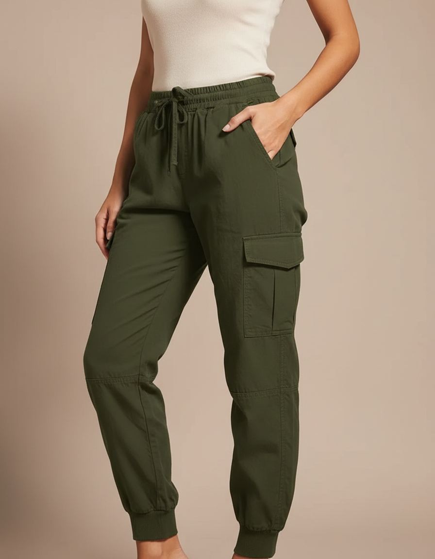 Pantalon Cargo Vert Militaire Fluide Cordon Élastique - Kaki Polyester