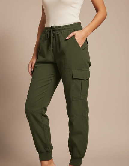 Pantalon Cargo Vert Militaire Fluide Cordon Élastique - Kaki Polyester