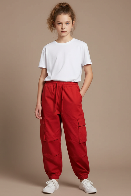 Pantalon Cargo Rouge Ample Multi-Poches Enfant Fille - Toile