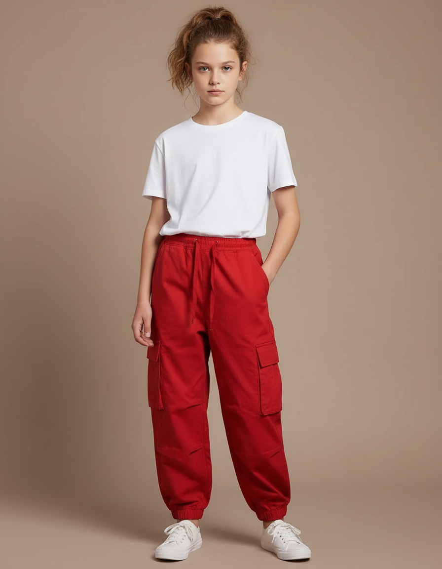 Pantalon Cargo Rouge Ample Multi-Poches Enfant Fille - Toile