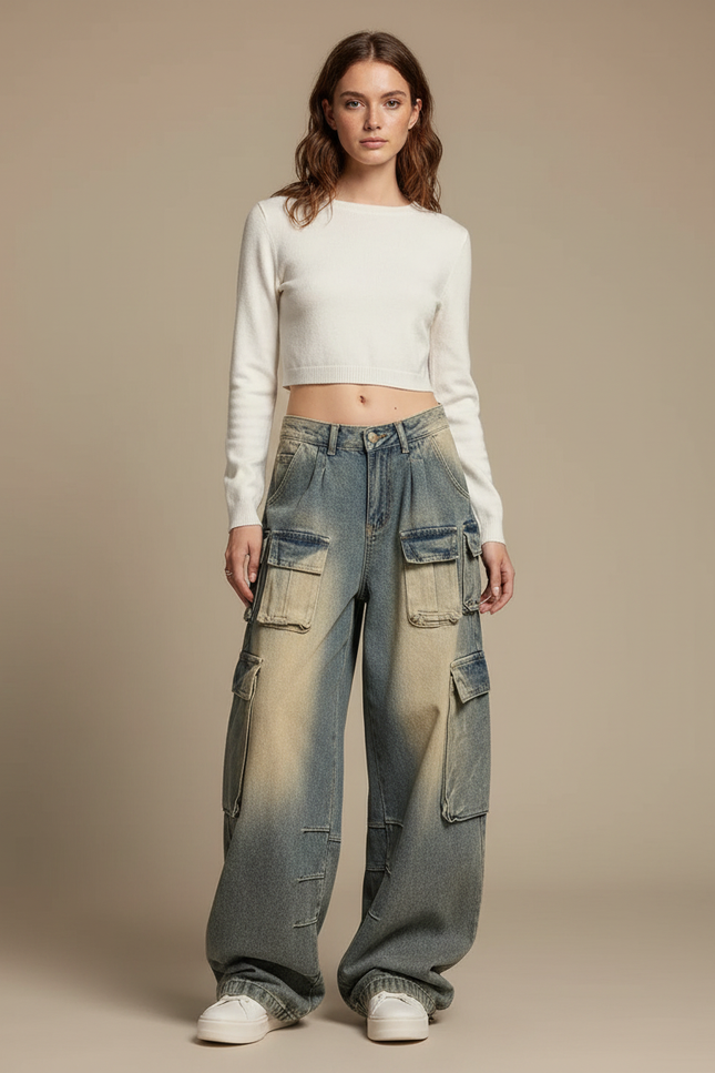 Pantalon Cargo Ample Délavé Multipoches Décontracté Femme - Bleu Jean