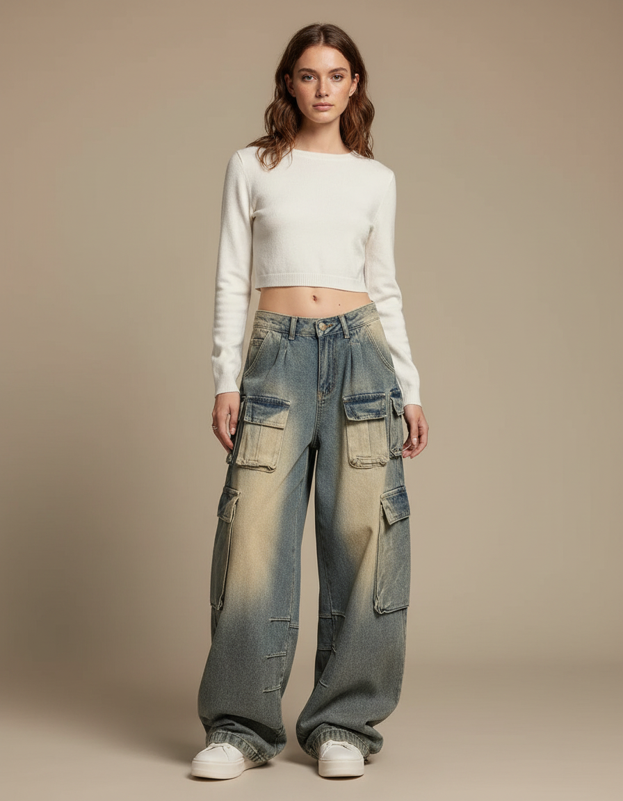 Pantalon Cargo Ample Délavé Multipoches Décontracté Femme - Bleu Jean