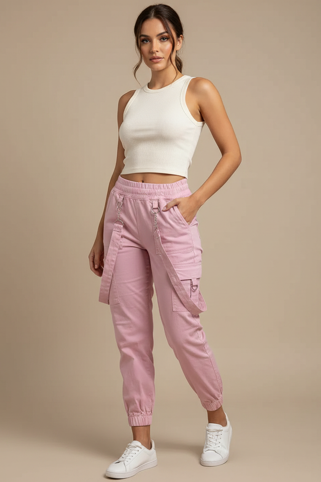 Pantalon Cargo Rose Ample Bretelles Décontracté Femme - Toile