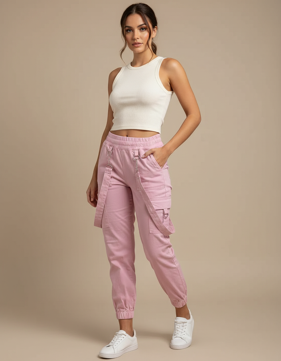 Pantalon Cargo Rose Ample Bretelles Décontracté Femme - Toile