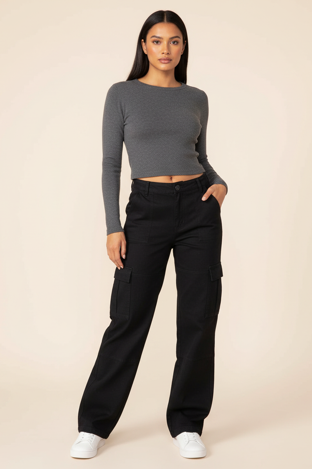 Pantalon Cargo Noir Ample Taille Haute Multipoches - Toile