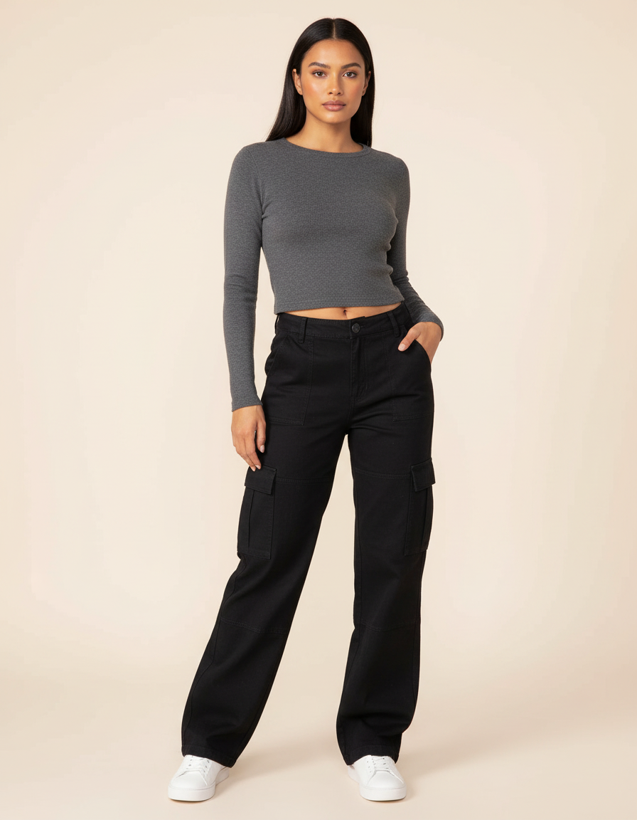 Pantalon Cargo Noir Ample Taille Haute Multipoches - Toile