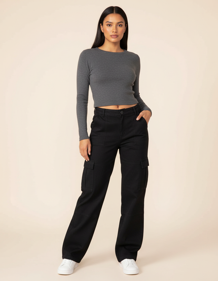 Pantalon Cargo Noir Ample Taille Haute Multipoches - Toile