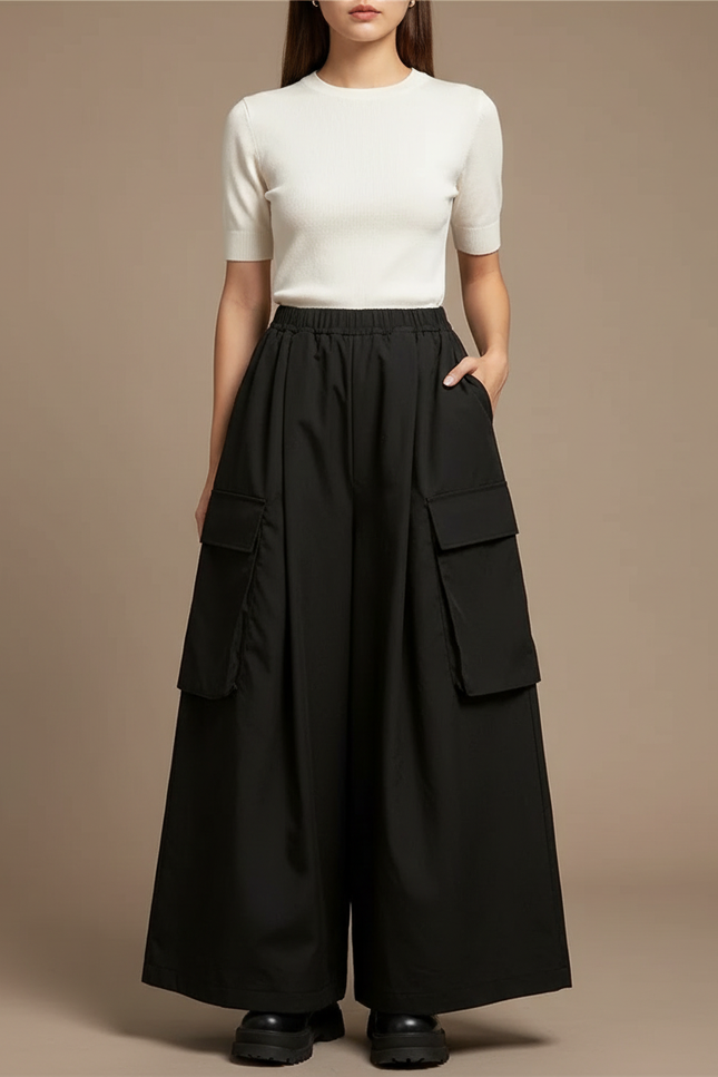 Pantalon Cargo Noir Ample Fluide Poches Femme - Gabardine