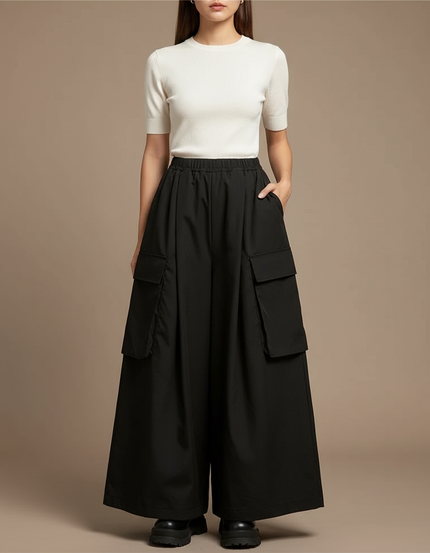 Pantalon Cargo Noir Ample Fluide Poches Femme - Gabardine