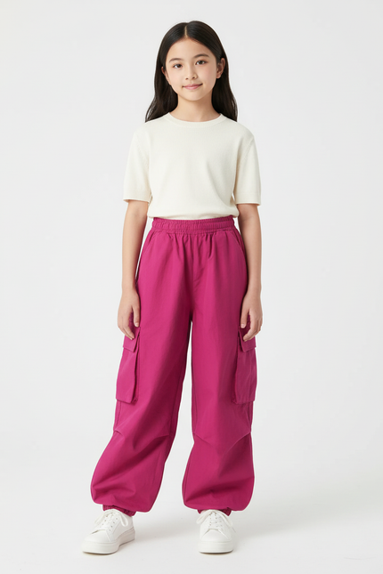 Pantalon Cargo Fuchsia Ample Poches Latérales Enfant - Rose Polyester