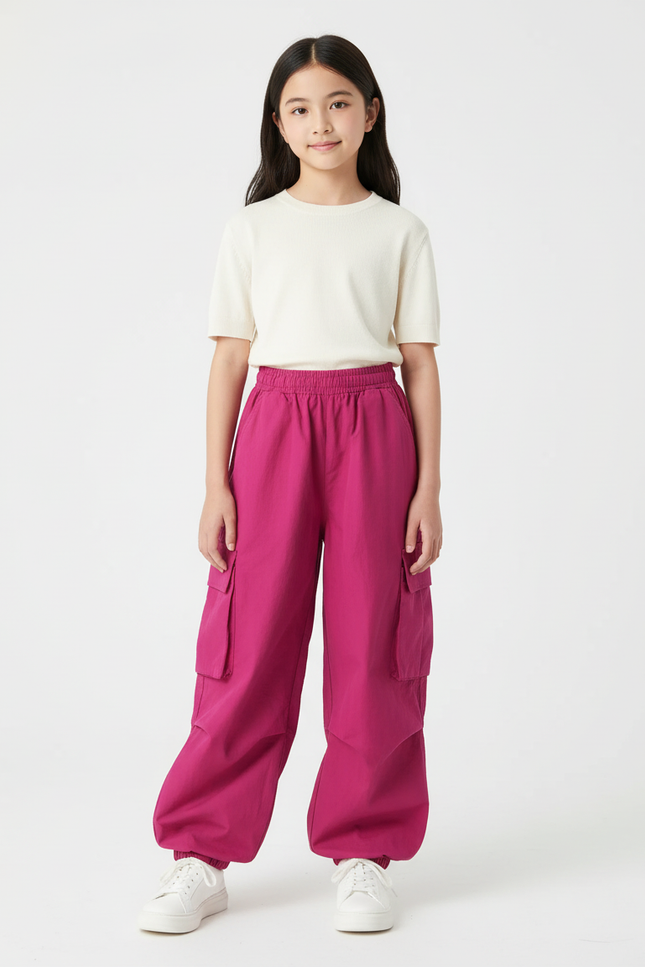 Pantalon Cargo Fuchsia Ample Poches Latérales Enfant - Rose Polyester
