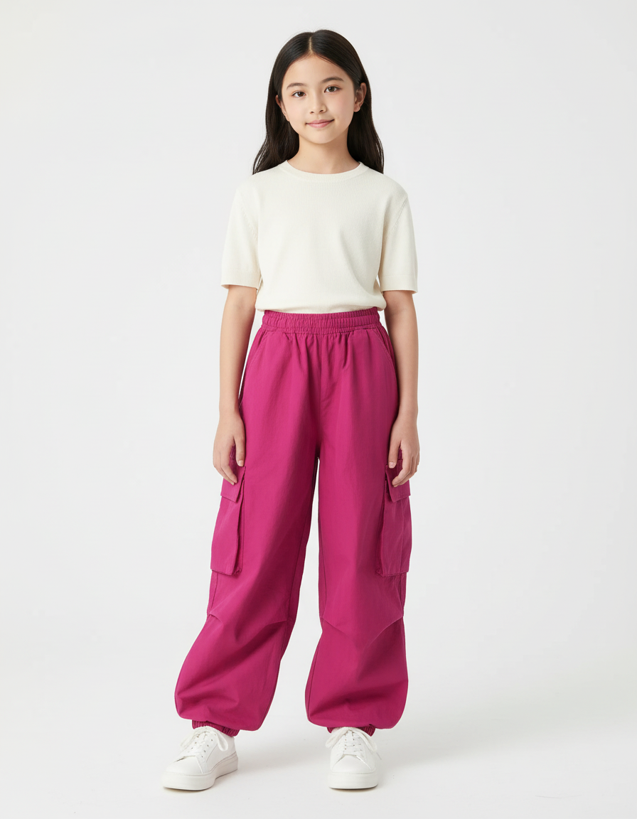 Pantalon Cargo Fuchsia Ample Poches Latérales Enfant - Rose Polyester