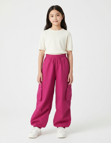 Pantalon Cargo Fuchsia Ample Poches Latérales Enfant - Rose Polyester