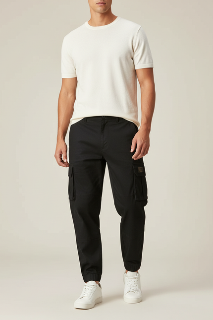 Pantalon Cargo Noir Coton Multipoches Homme Sportif - Toile