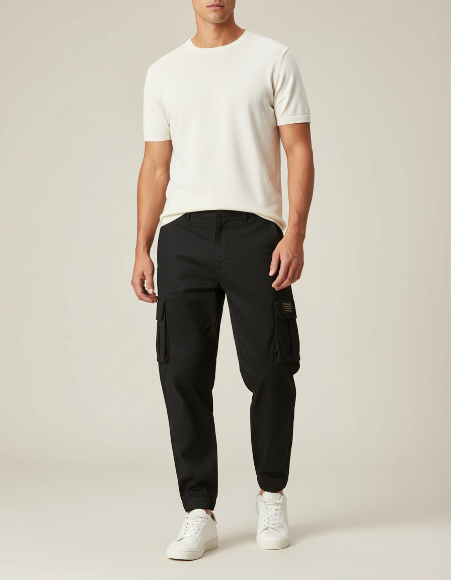 Pantalon Cargo Noir Coton Multipoches Homme Sportif - Toile