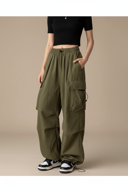 Pantalon Cargo Vert Ample Décontracté Taille Haute Femme - Kaki Polyester