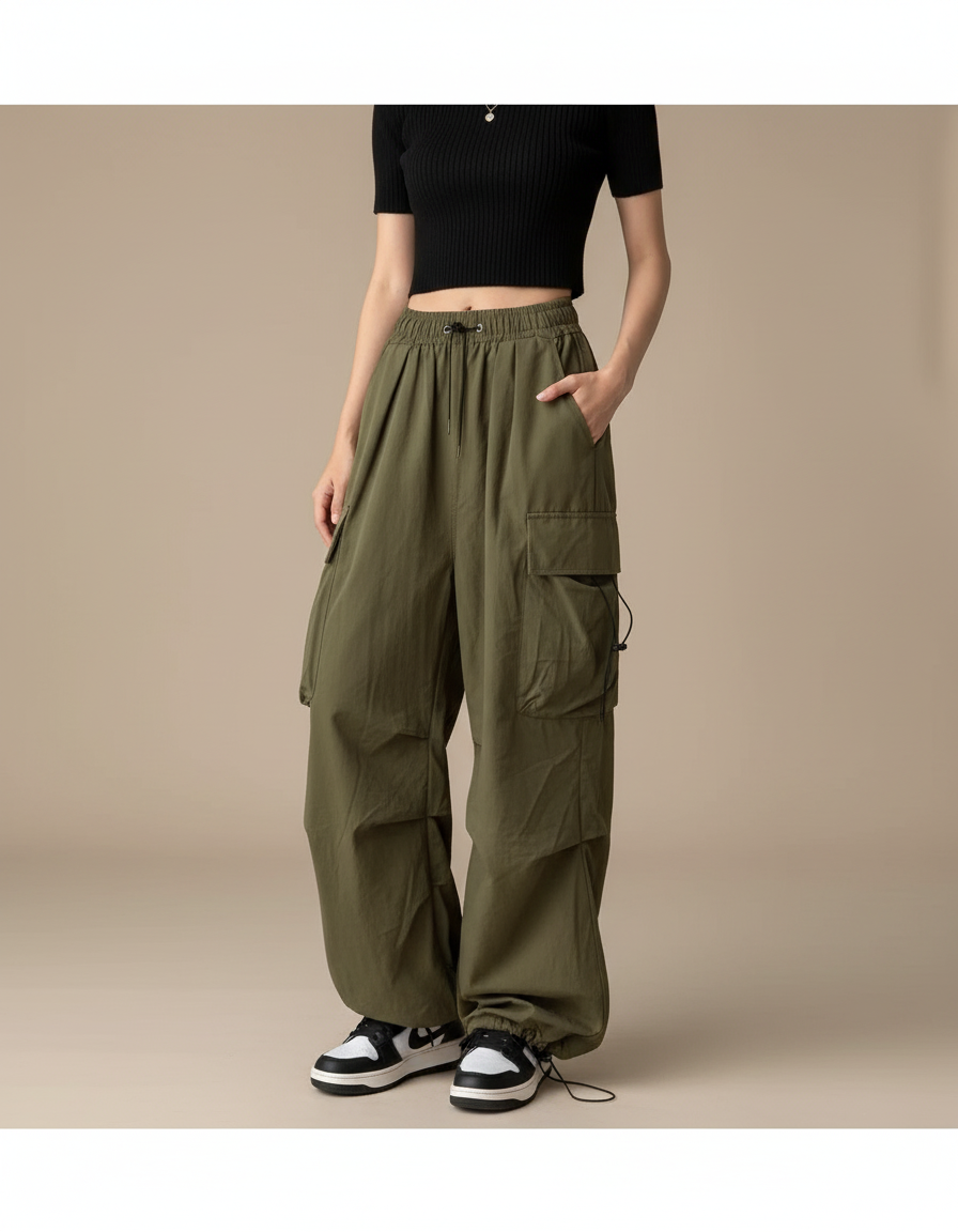 Pantalon Cargo Vert Ample Décontracté Taille Haute Femme - Kaki Polyester