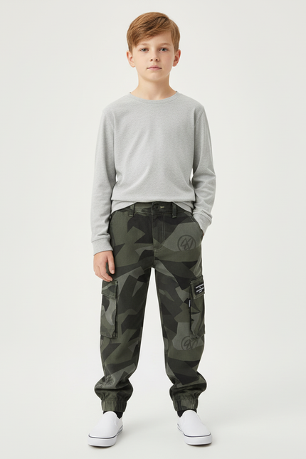 Pantalon Cargo Camouflage Vert Jogger Enfant Multipoches - Toile