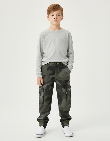 Pantalon Cargo Camouflage Vert Jogger Enfant Multipoches - Toile