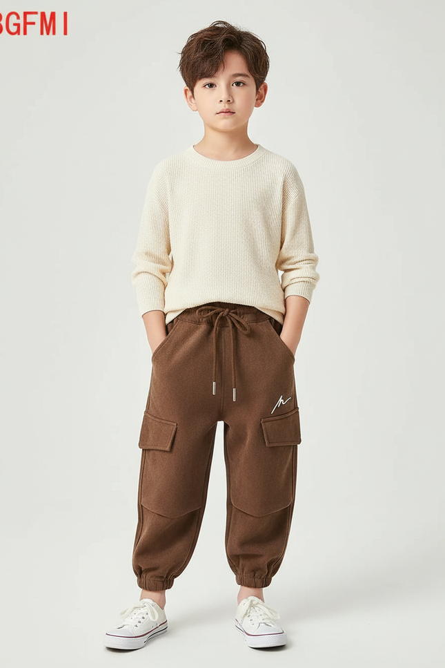 Pantalon Cargo Marron Ample Molleton Enfant Décontracté