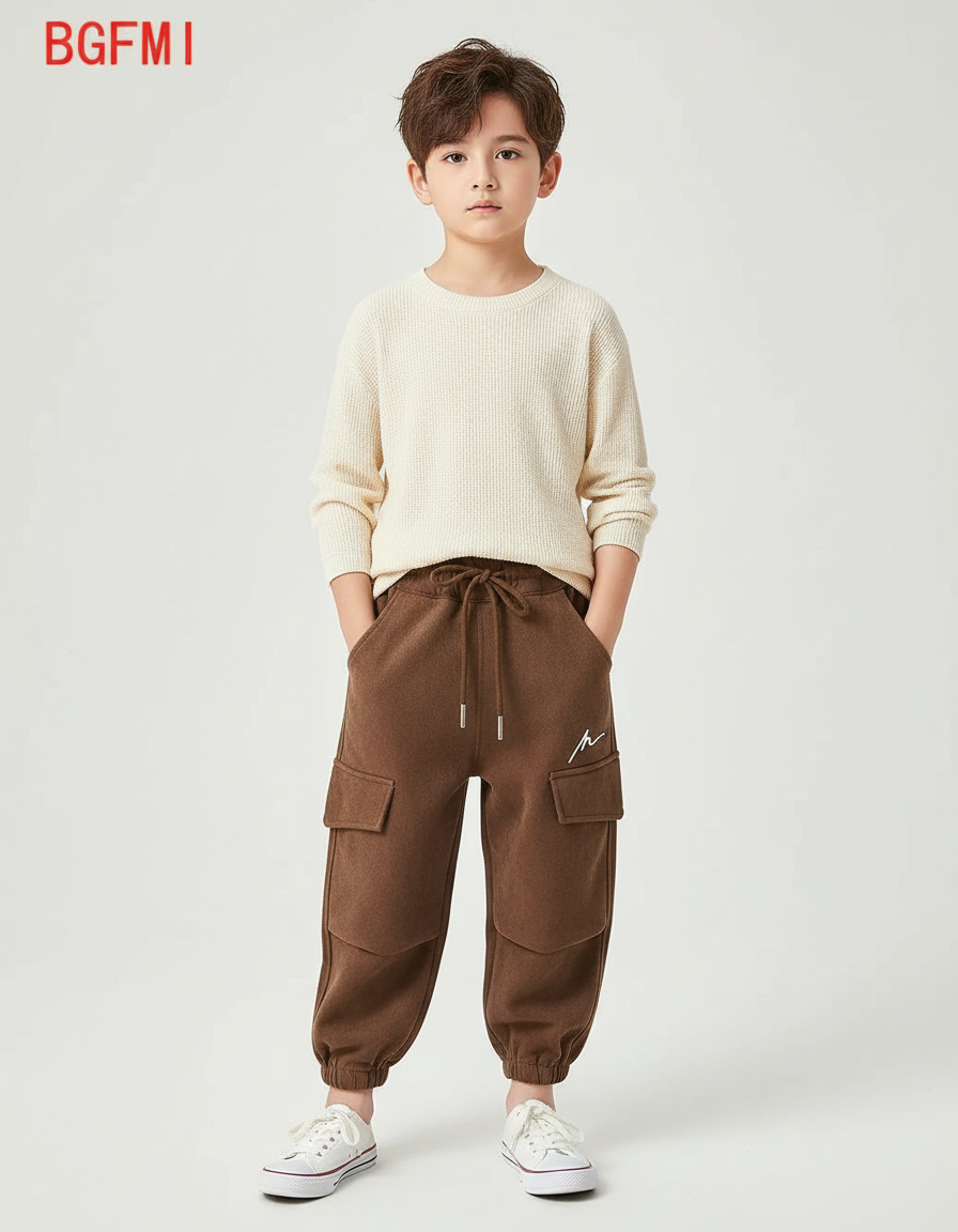 Pantalon Cargo Marron Ample Molleton Enfant Décontracté