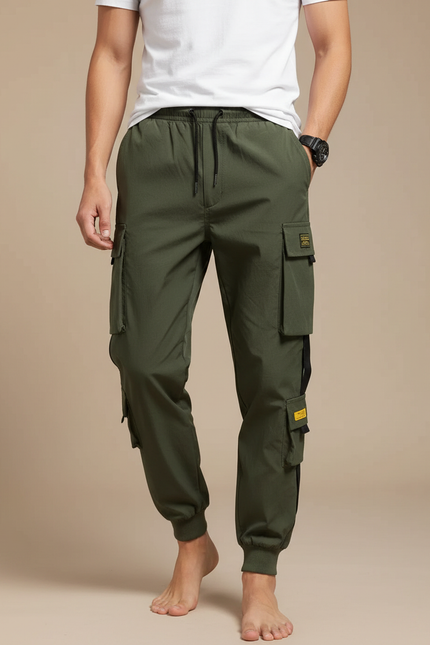 Pantalon Cargo Vert Olive Jogger Multipoches Homme - Kaki Polyester