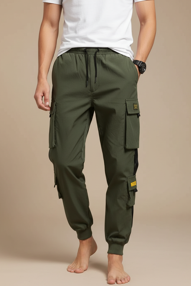 Pantalon Cargo Vert Olive Jogger Multipoches Homme - Kaki Polyester