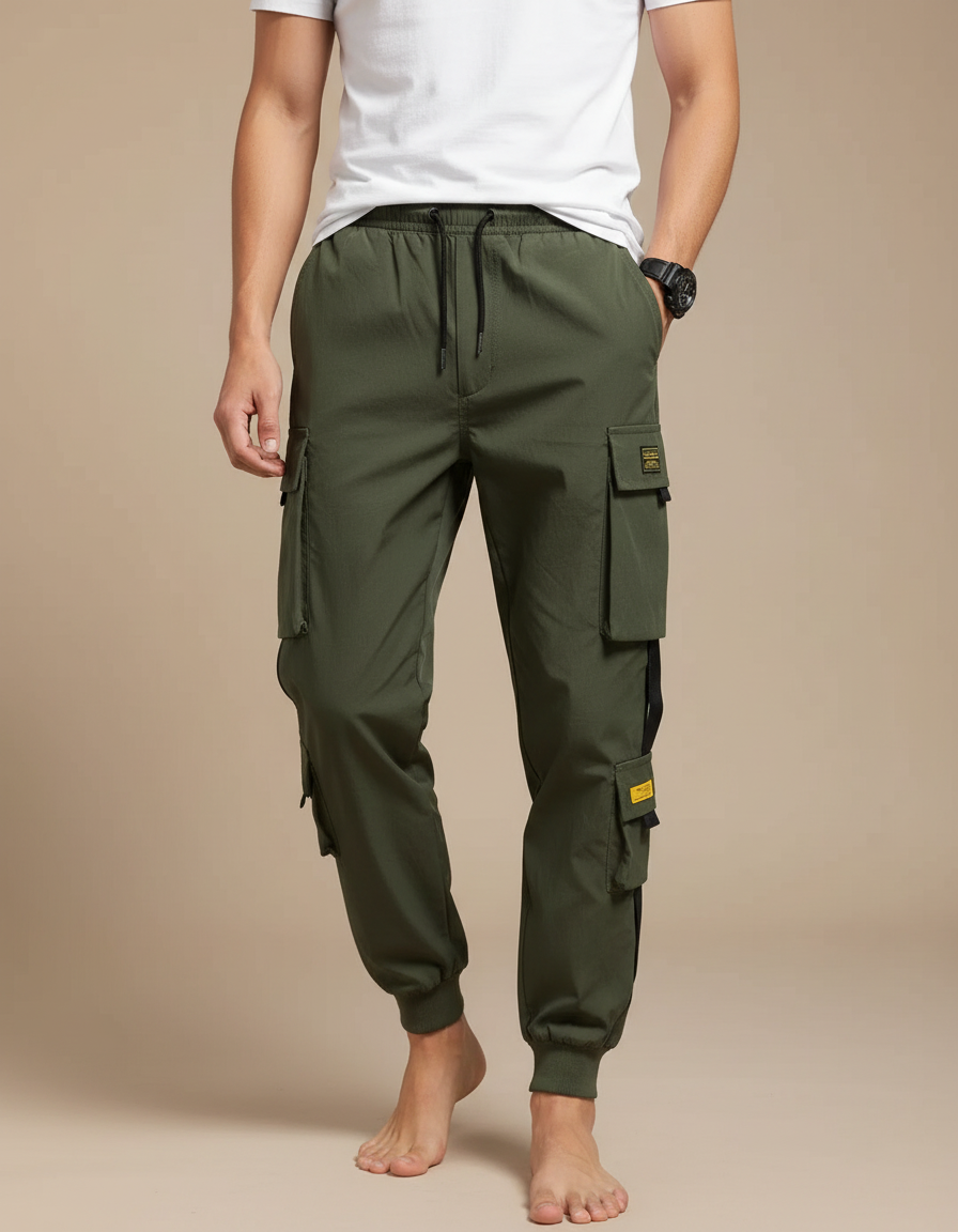Pantalon Cargo Vert Olive Jogger Multipoches Homme - Kaki Polyester