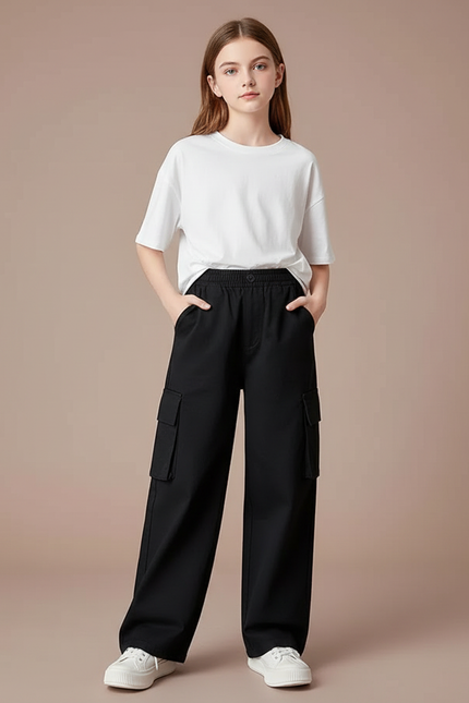 Pantalon Cargo Noir Ample Poches Latérales Fille - Toile