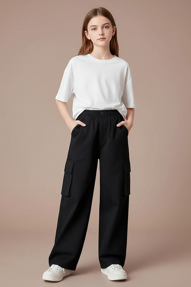 Pantalon Cargo Noir Ample Poches Latérales Fille - Toile