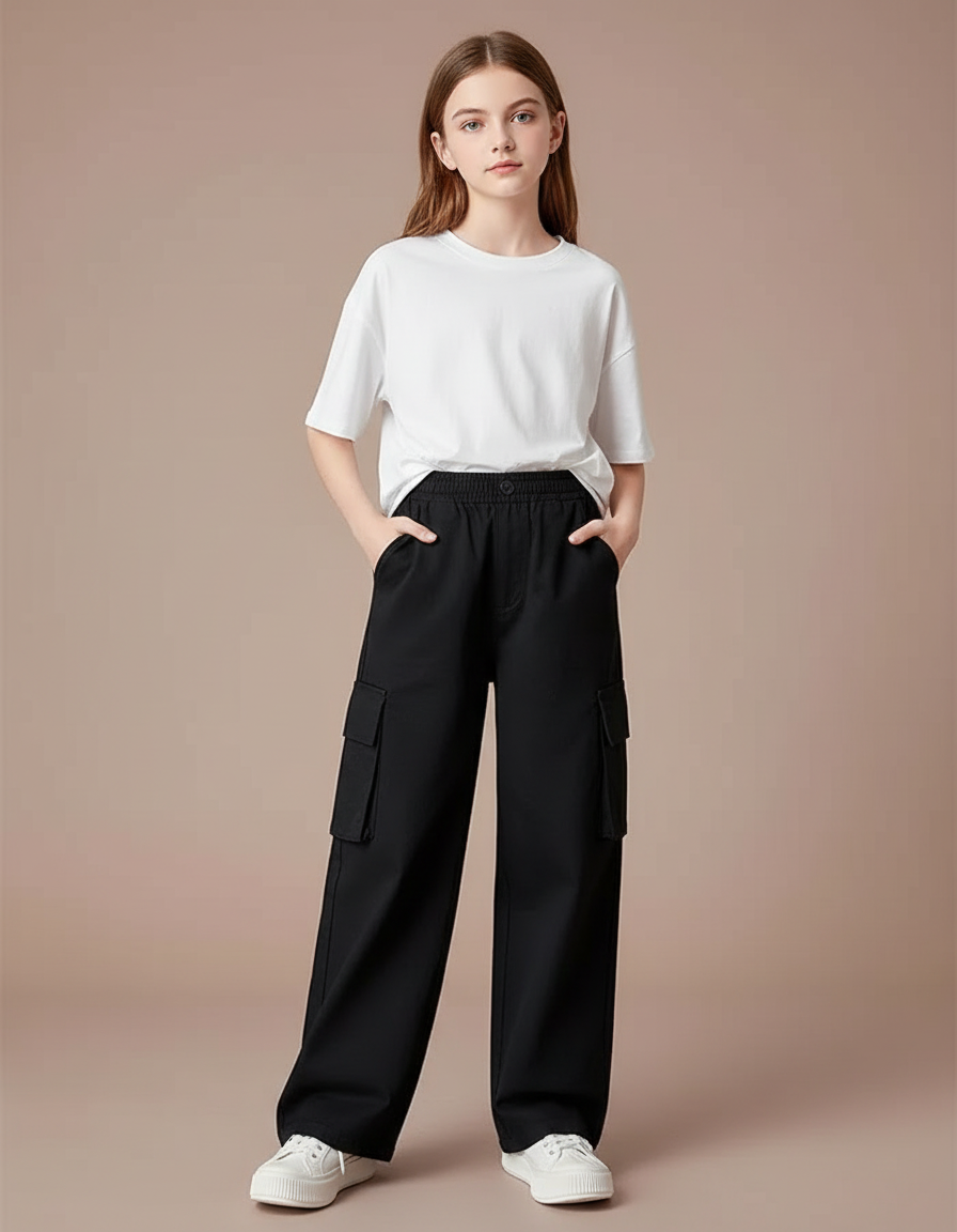 Pantalon Cargo Noir Ample Poches Latérales Fille - Toile