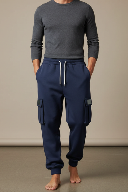 Pantalon Cargo Bleu Marine Molletonné Ample Cordon Multi-Poches