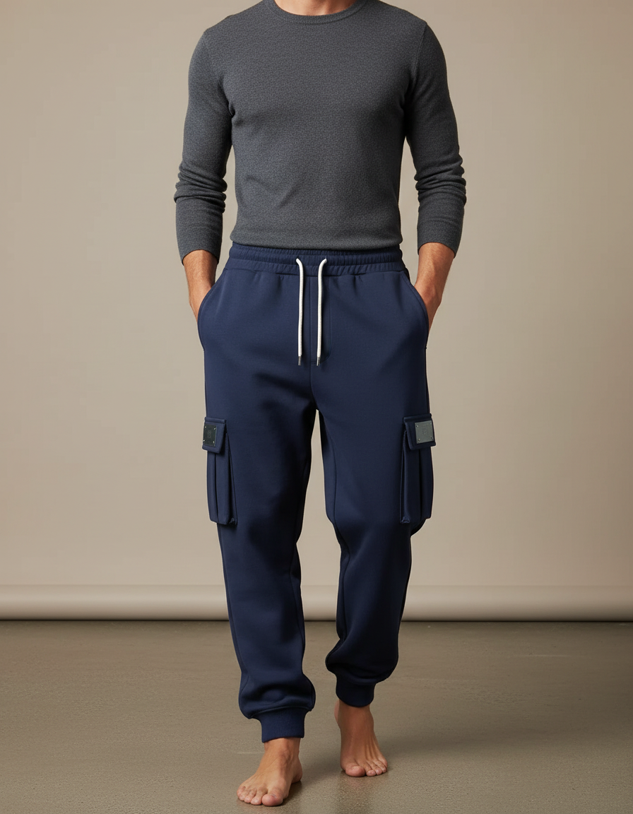 Pantalon Cargo Bleu Marine Molletonné Ample Cordon Multi-Poches