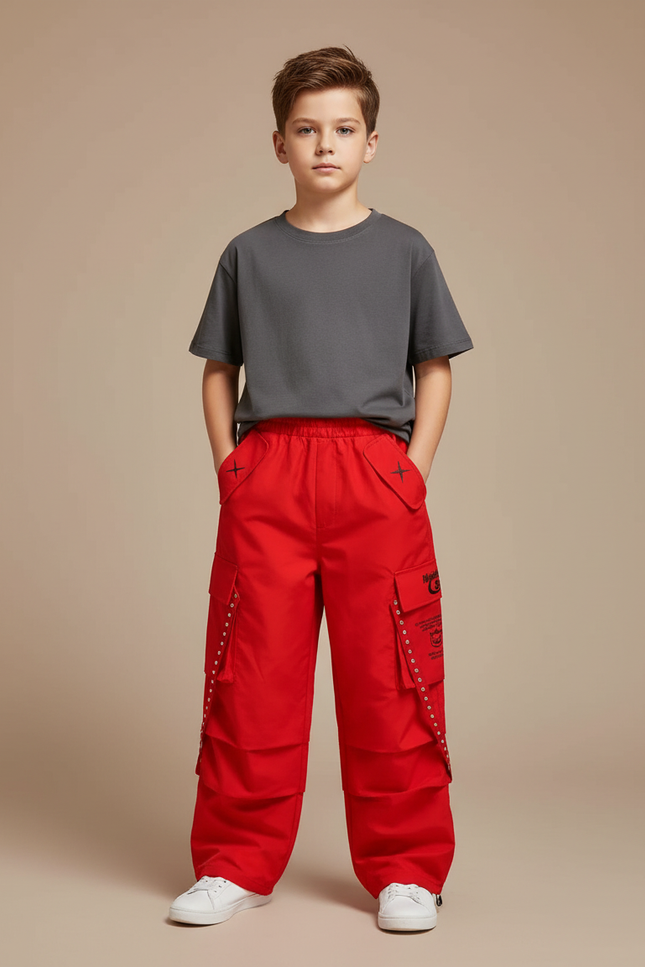 Pantalon Cargo Rouge Ample Garçon Streetwear Poches - Coton