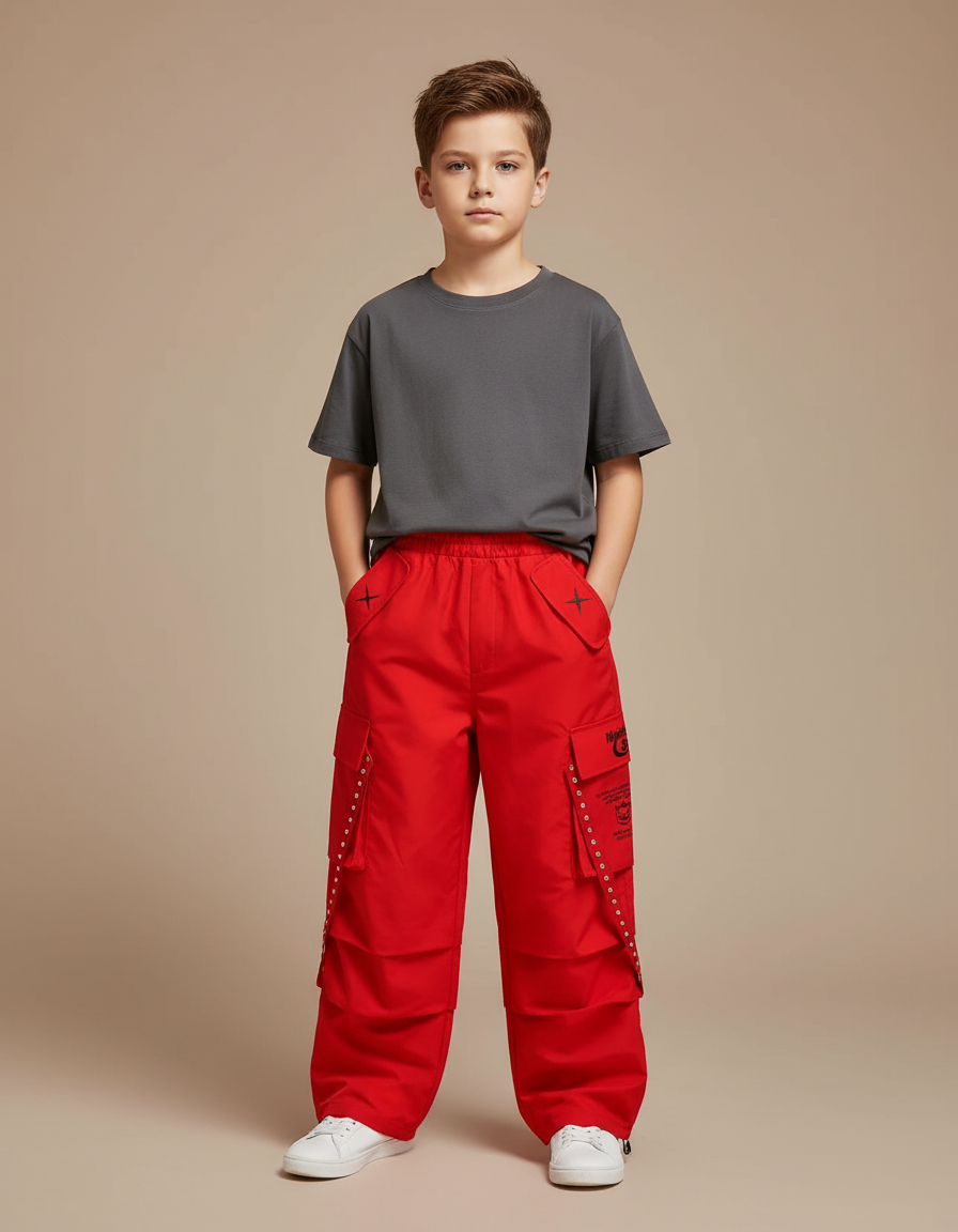 Pantalon Cargo Rouge Ample Garçon Streetwear Poches - Coton