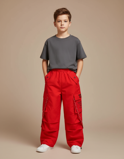 Pantalon Cargo Rouge Ample Garçon Streetwear Poches - Coton