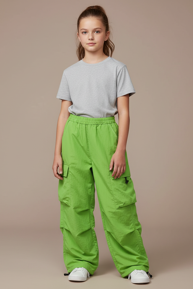 Pantalon Cargo Vert Ample Multipoches Fille Streetwear - Polyester